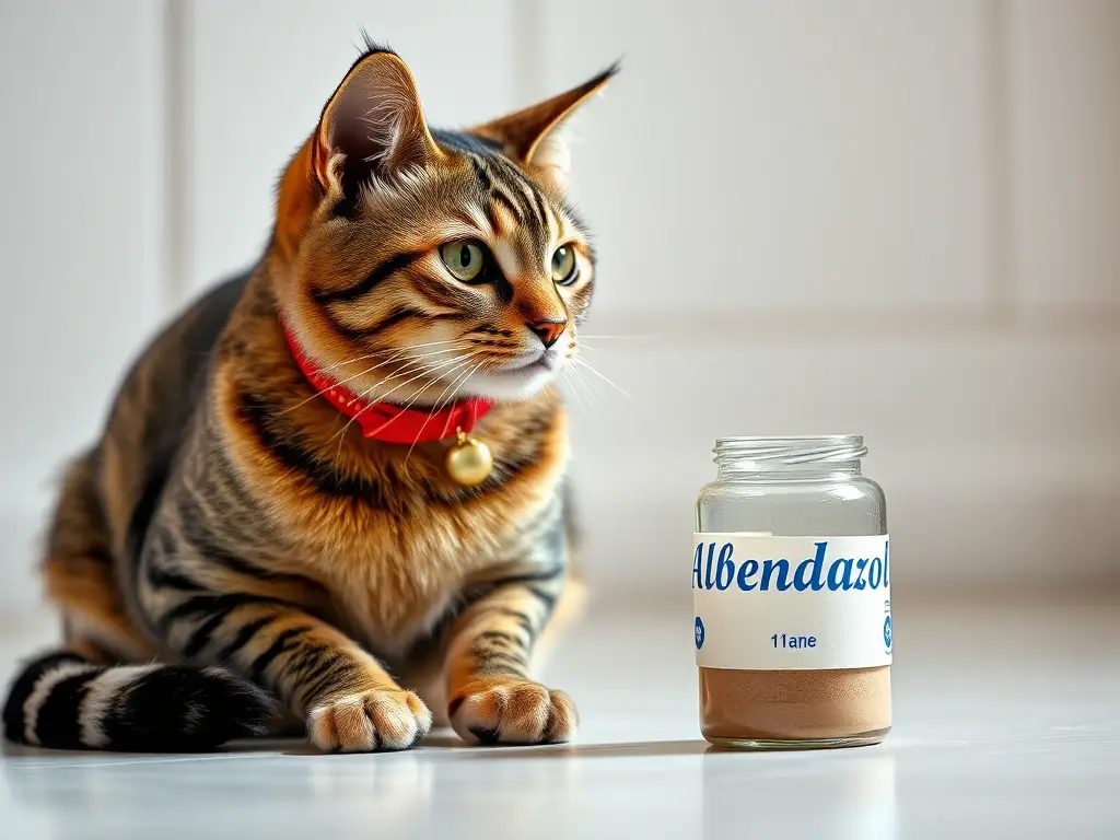 Un gato tabby observa un frasco de medicamento con atención