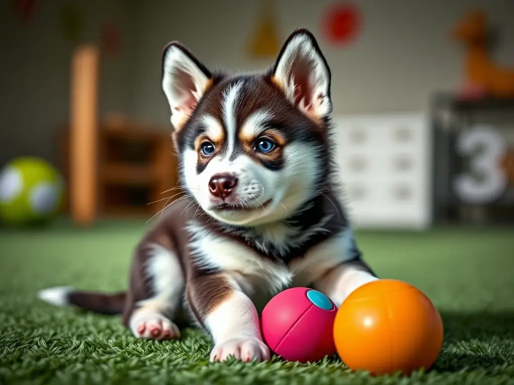 Foto de un cachorro de Alusky, realista, en un espacio seguro con una pelota