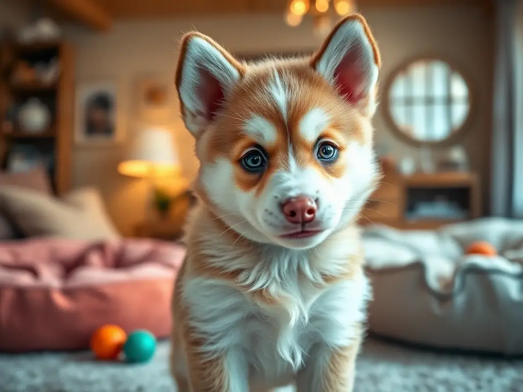 Una fotografía realista de un cachorro de Alusky saludable y juguetón