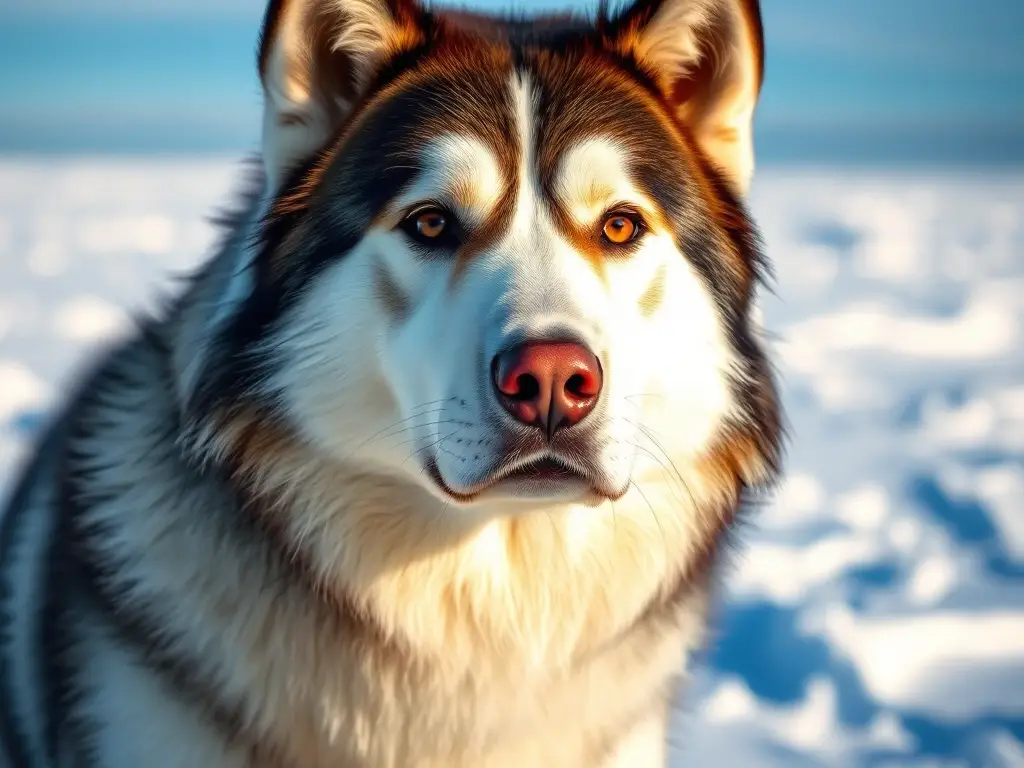 Imagen realista de un Malamute alaskan con ojos penetrantes y características exactas