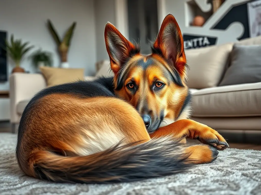 Foto realista de un perro Alsacés relajante en una sala moderna