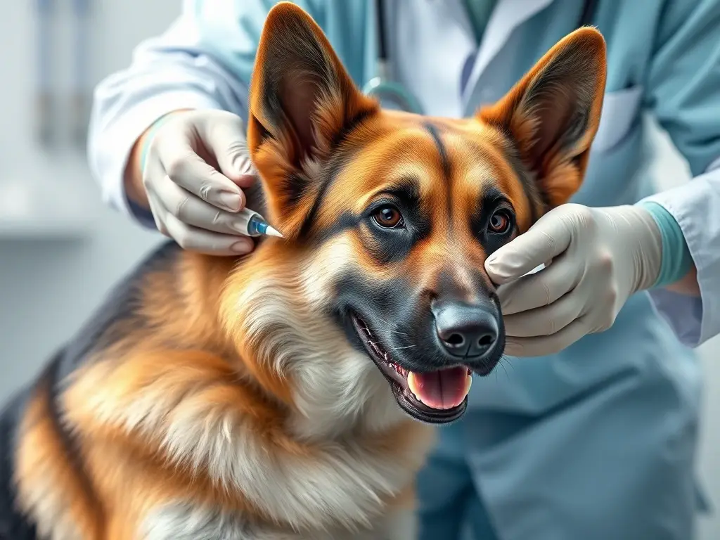 Ilustración realista de un veterinario administrando Ambroxol a un pastor alemán