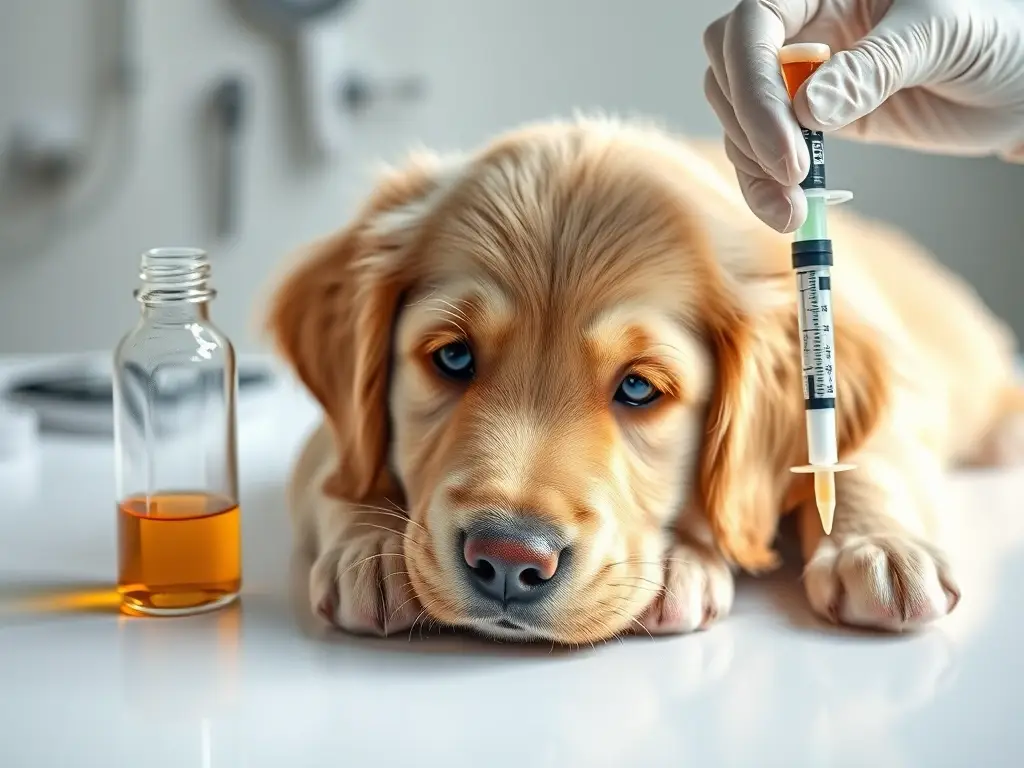 Cachorro dorado en mesa veterinaria, medicación