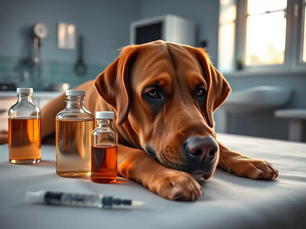 Labrador reposando con botella y jeringa clínica
