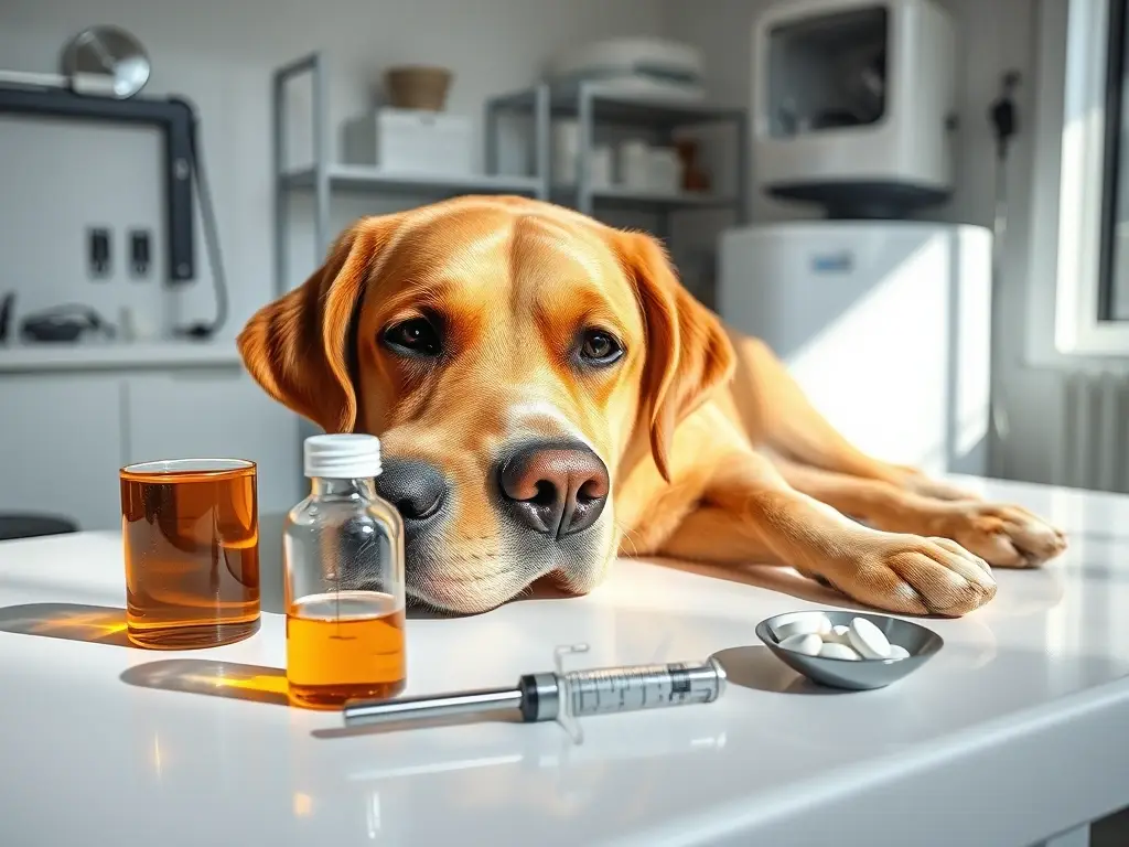 Labrador en mesa veterinaria, foto ultra‑detallada