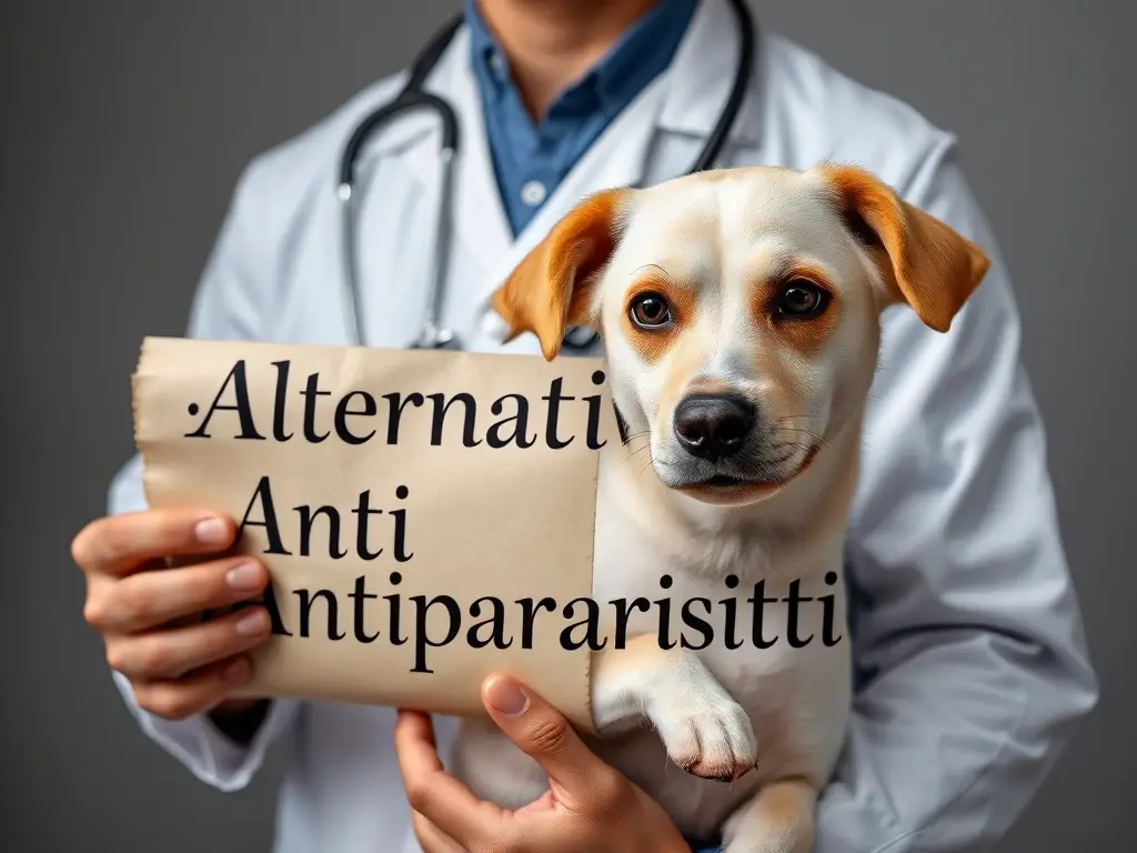 Un veterinario ilustrado con un perro de raza mixta, elegante y con un texto sobre antiparásitos
