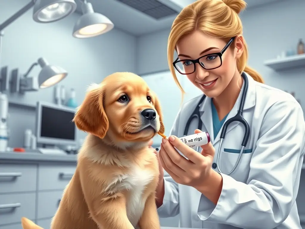 Illustration de un veterinario examinando a un cachorro retriever dorado