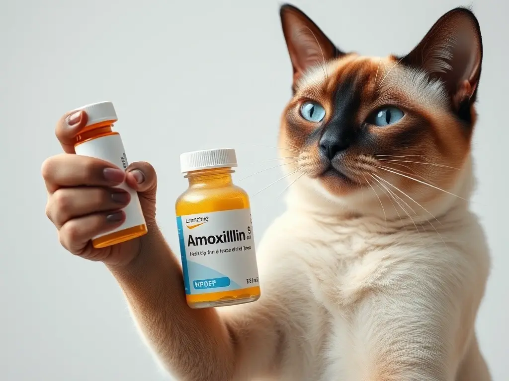 Foto realista de un gatito Siamese con una botella de amoxicilina