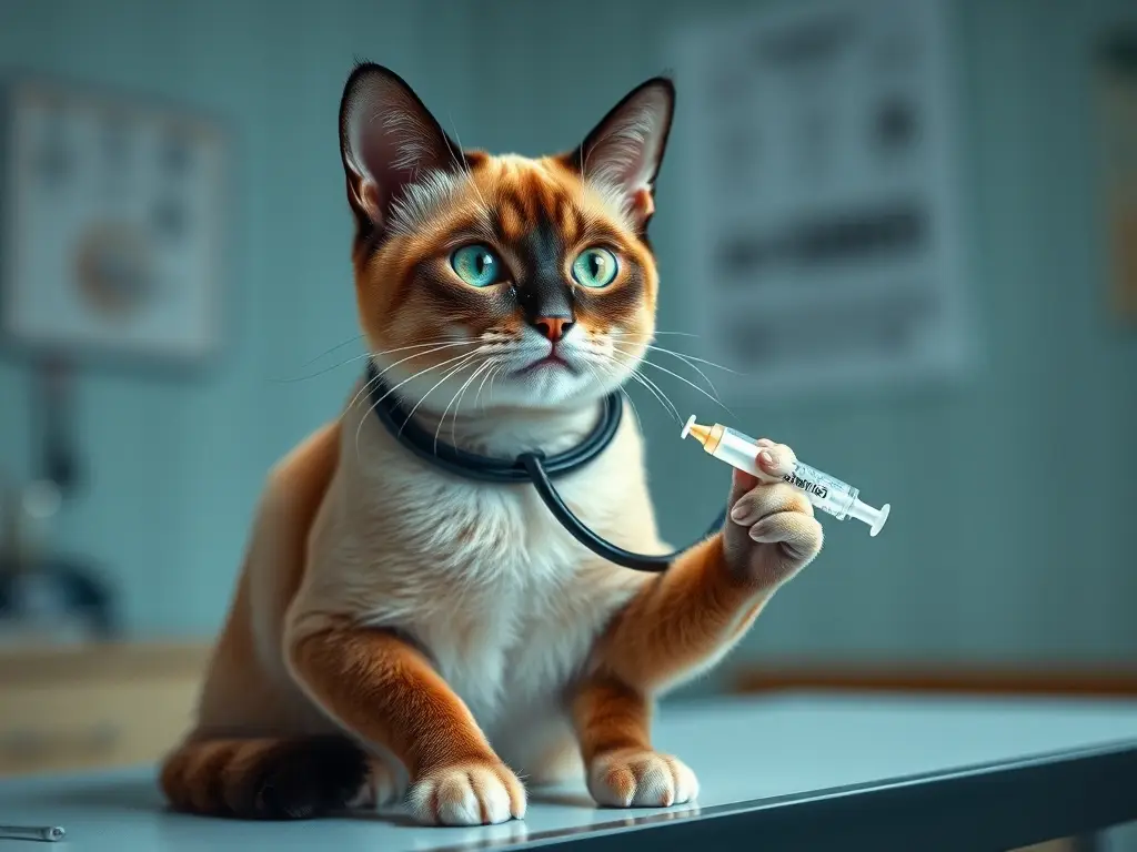 Foto de gato siamés realista, con stethoscope y solución de antibiótico