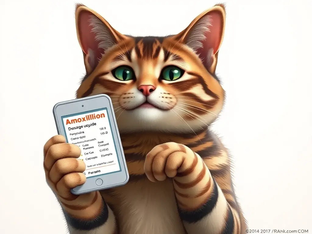 Imagen realista de un gato tabliert con una tableta que muestra una guía de dosis de amoxicillin