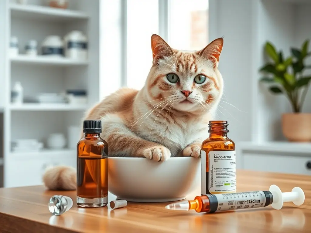 Gato en cuenco, rodeado de instrumentos médicos