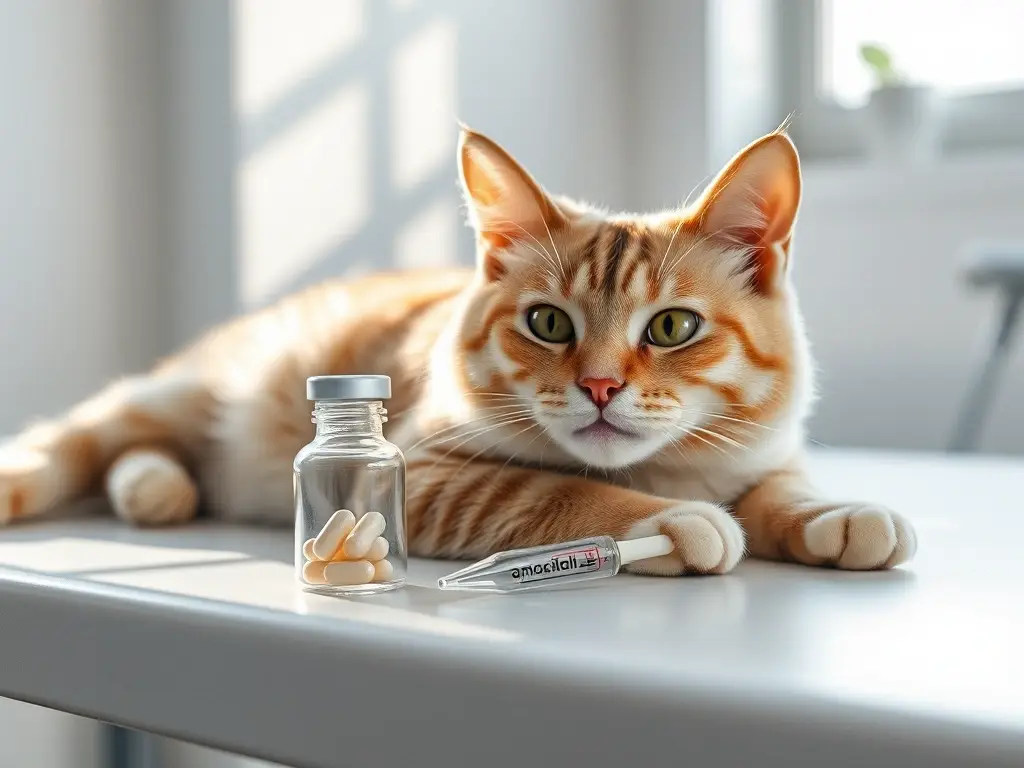 Gato tranquilo en mesa veterinaria
