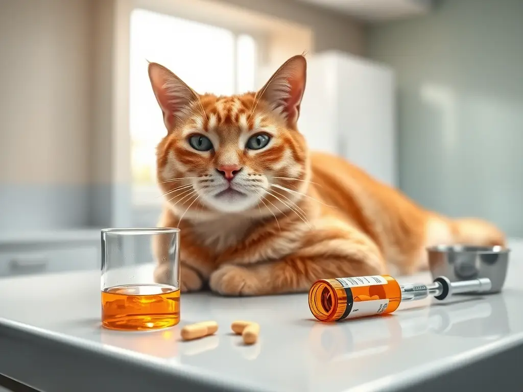 Gato naranja en mesa veterinaria con medicamentos