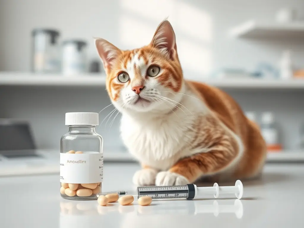 Gato sano con antibiótico en mostrador