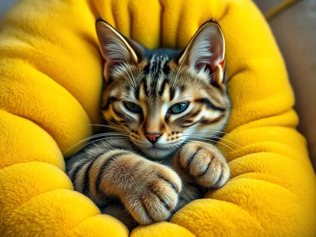 Foto realista de un gato tabby abrazado en un cojín colorido