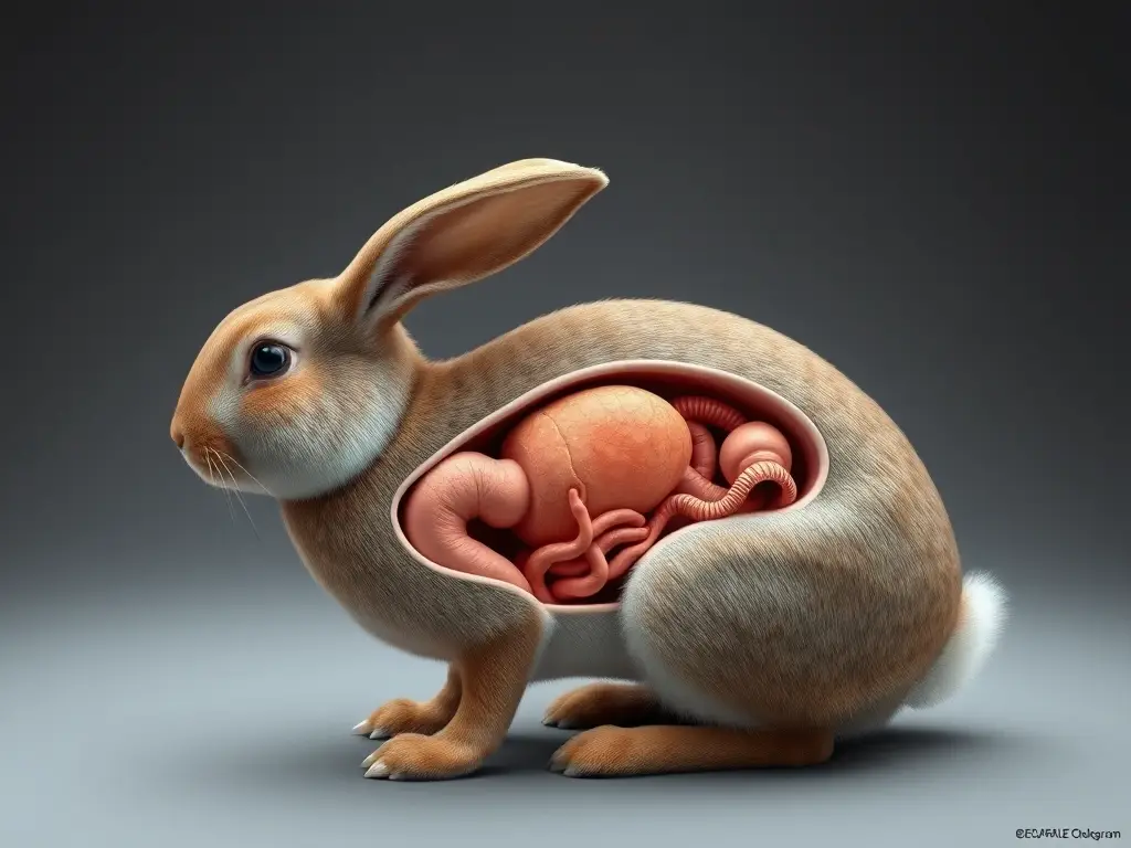 Fotorealista y detallada pintura del conejo con su sistema digestivo revelado