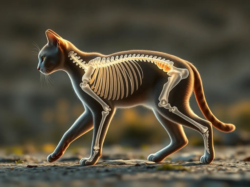 Gato caminando, pelaje y esqueleto iluminados