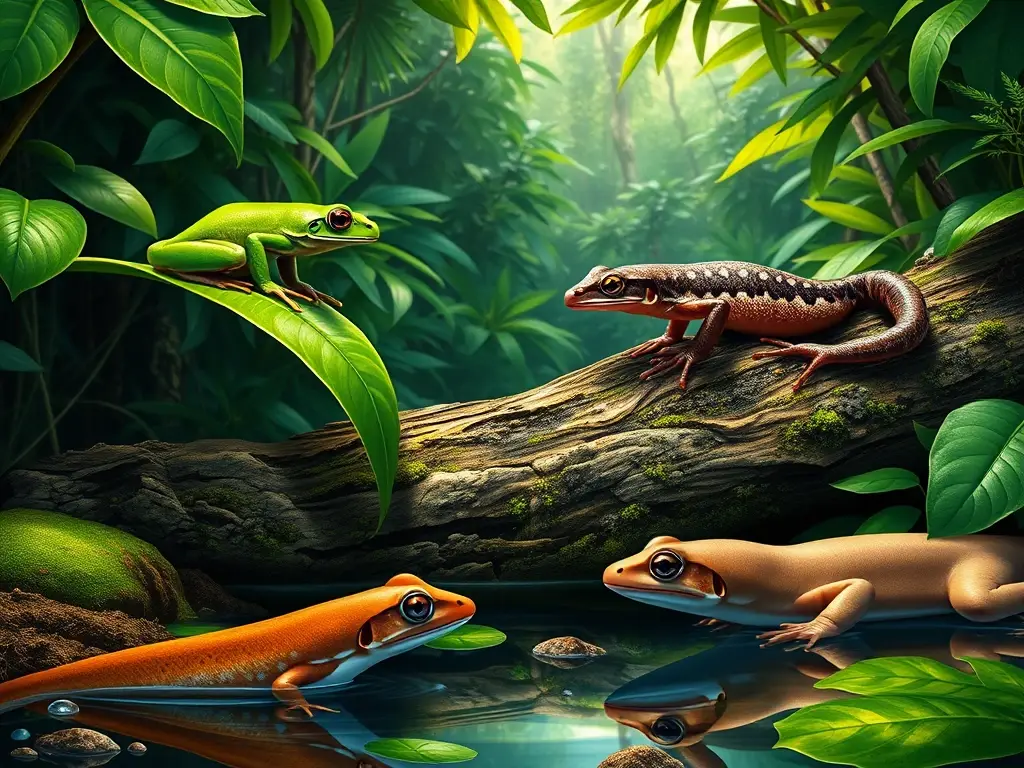 Ilustración fotorrealista de selva con tres anfibios