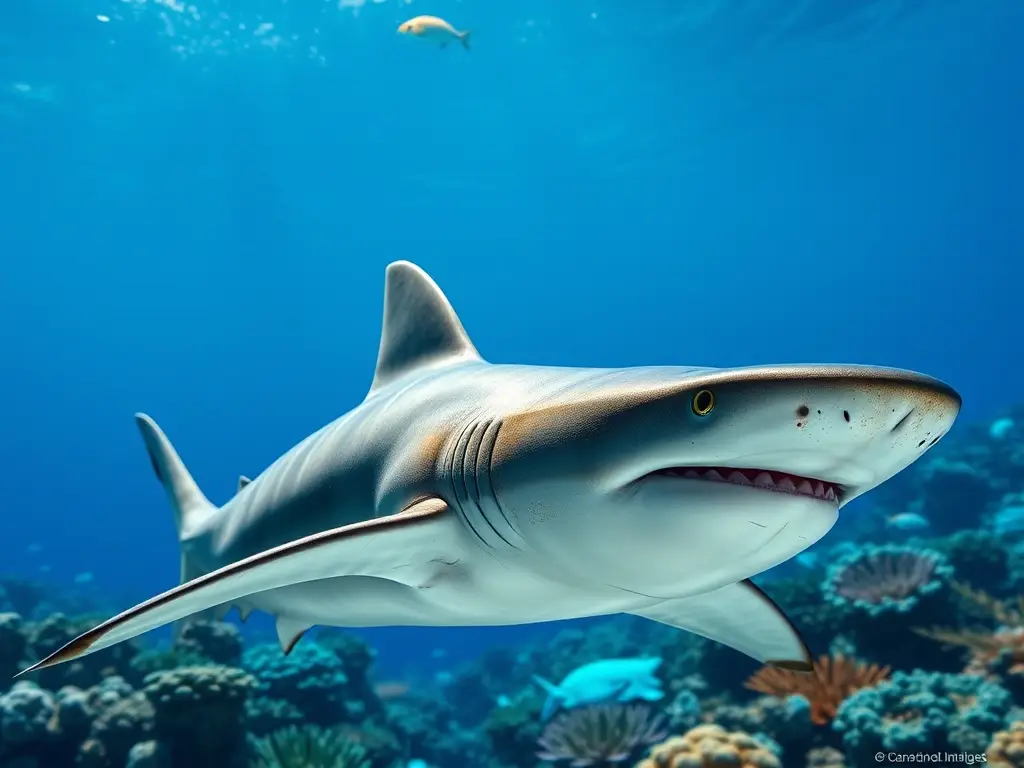 Arte de portada realista de un tiburón ballesta en coral