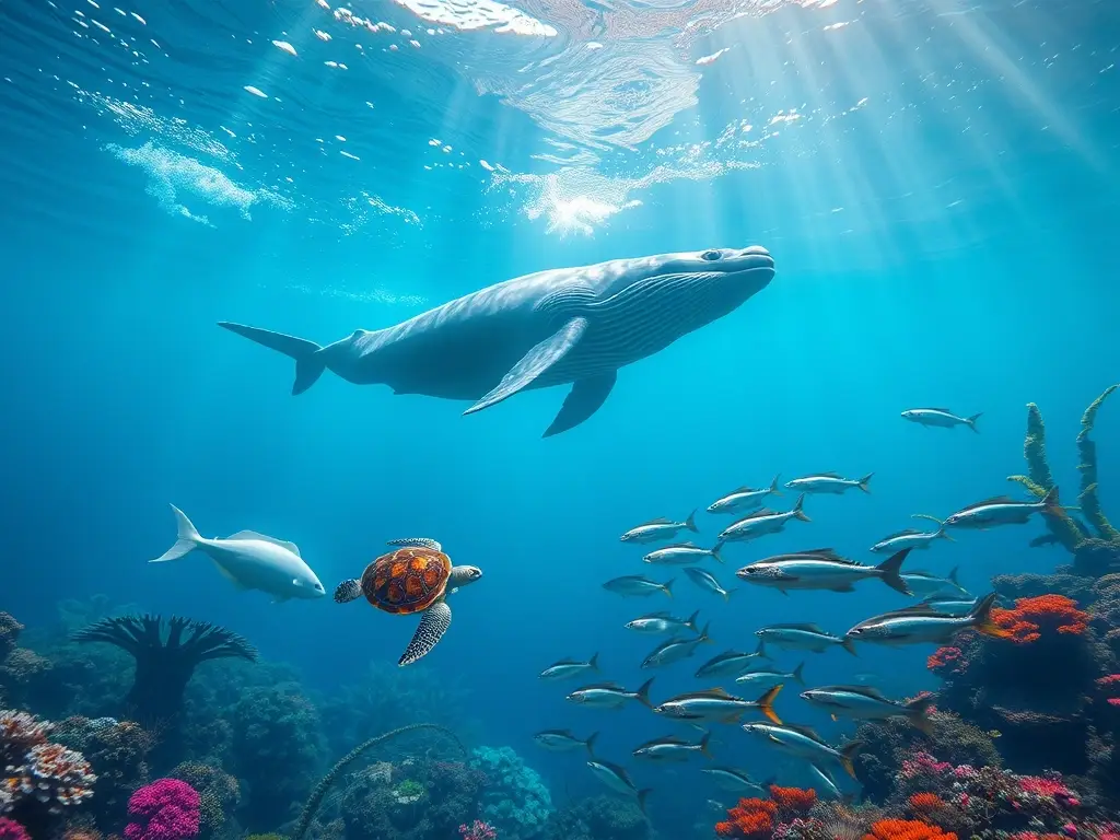 Escena submarina con ballena, tortuga y peces