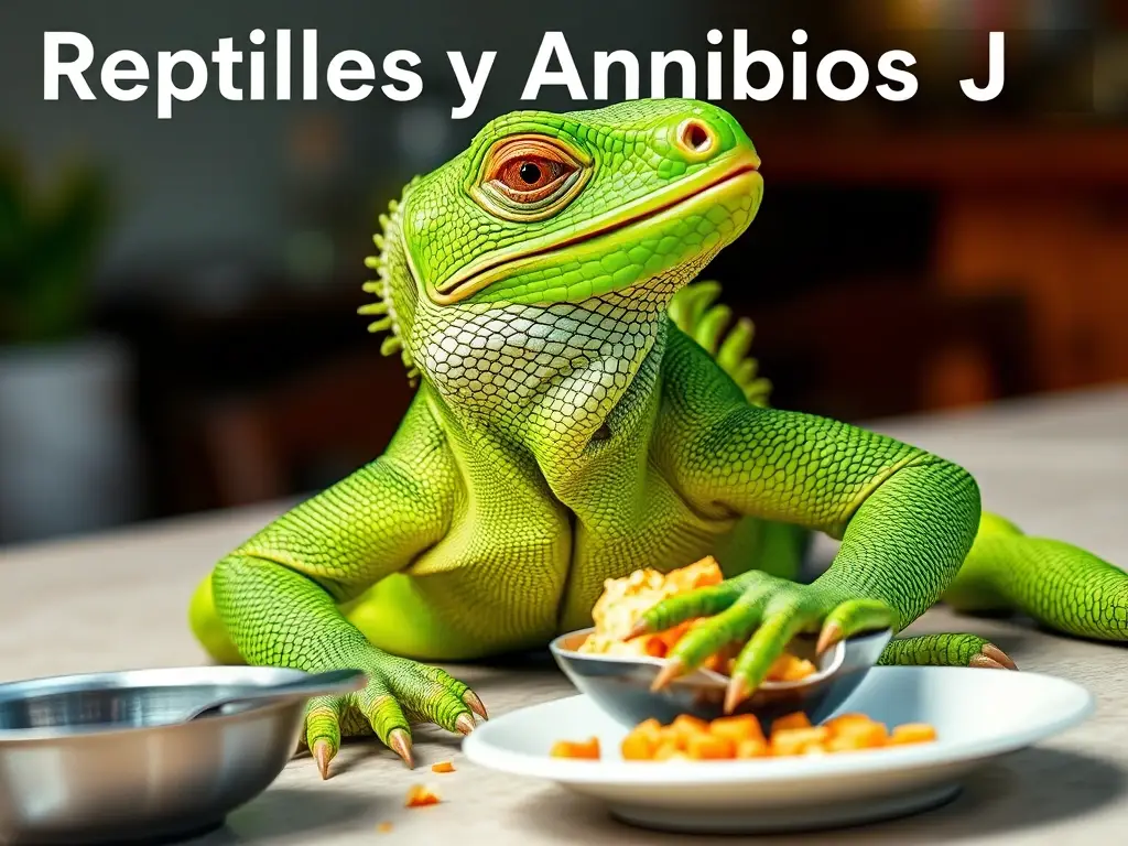 Fotografía realista de una iguana verde comiendo con detalles