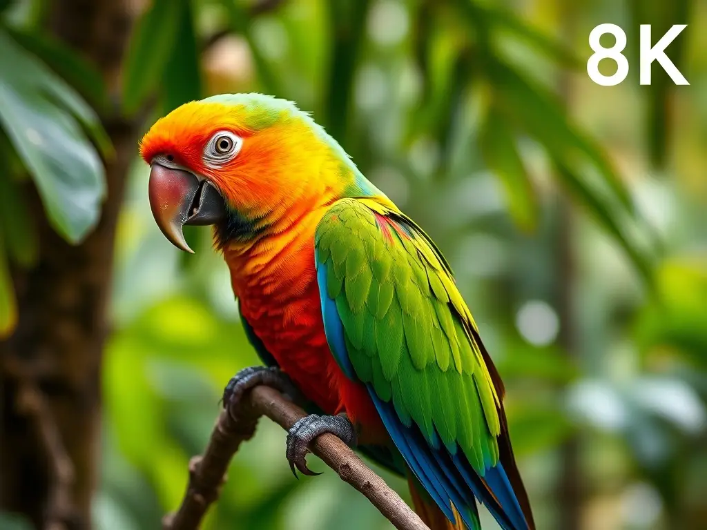 Fotografía realista y detallada de un Jaú parrot en un denso bosque, sin texto ni marca