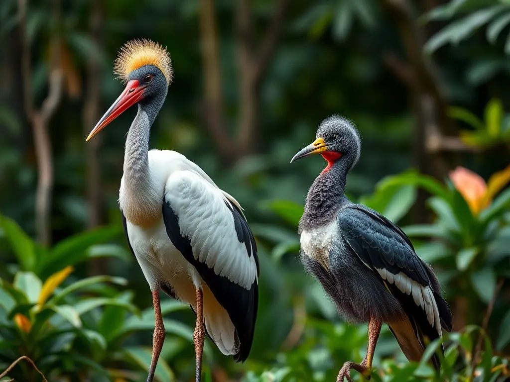 Fotorealista de un jabiru y jaguarundí en el Amazonas
