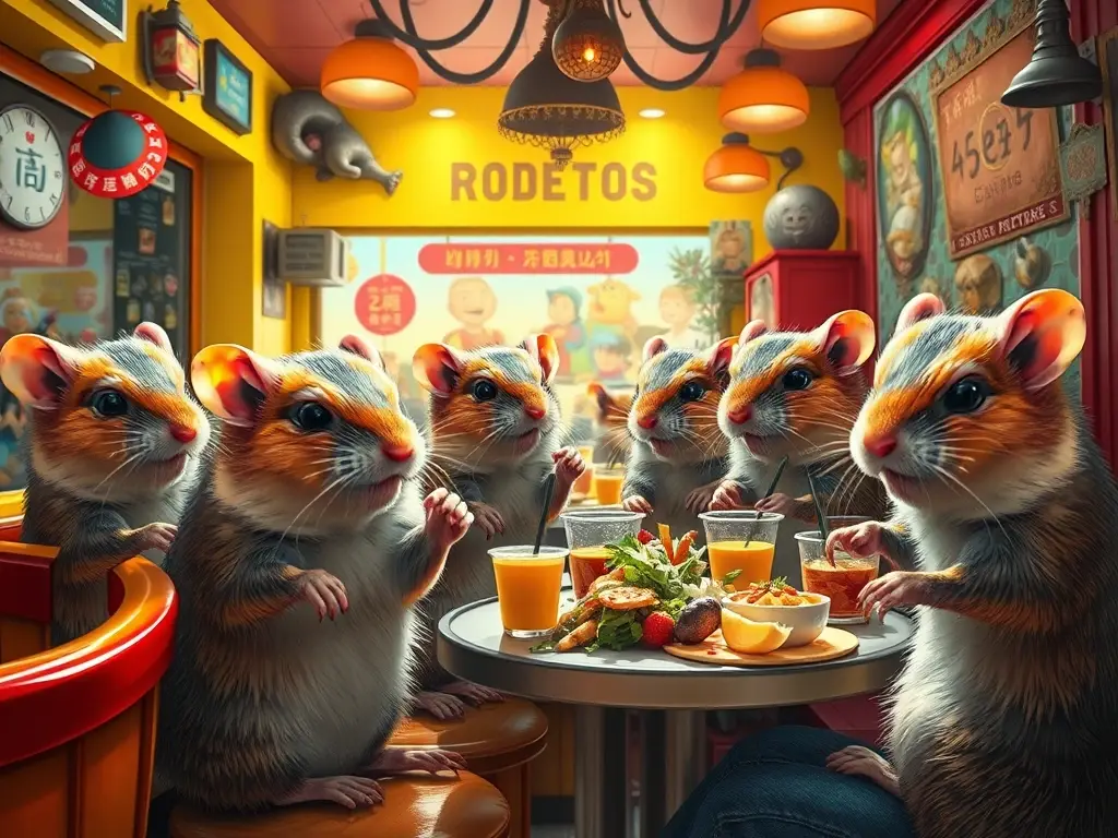 Fotografía de un café con animales de la noche vibrantes y detalladamente realista