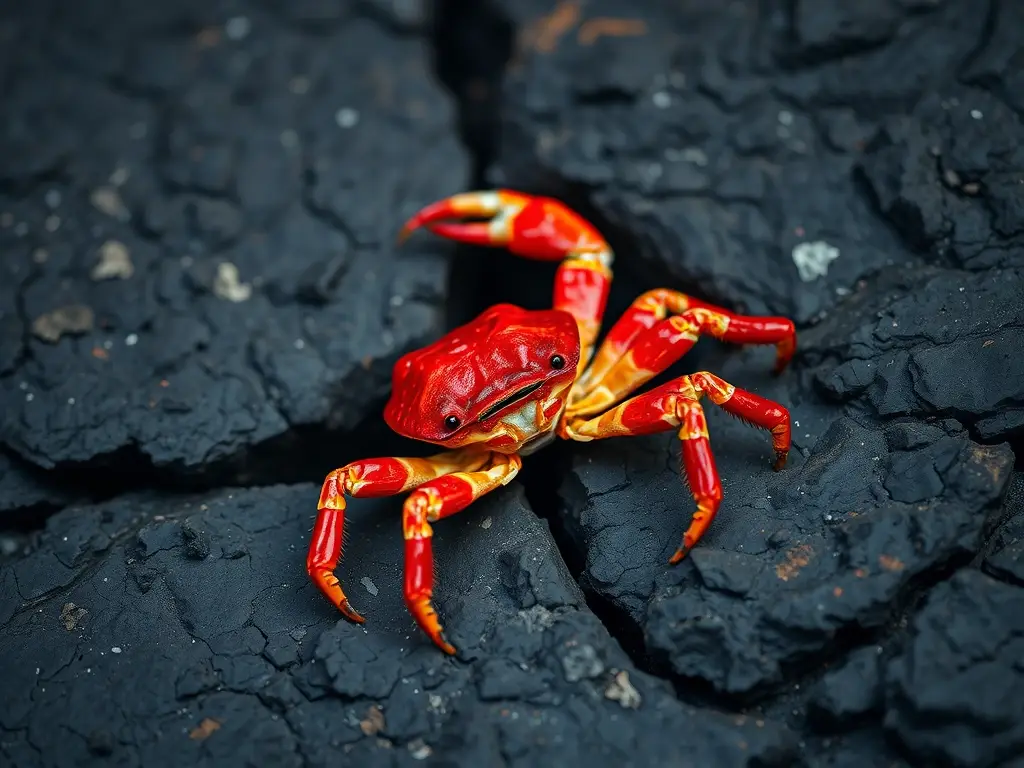 Fotorealistic retrato de cangrejo-araña rojo en piedra volcánica