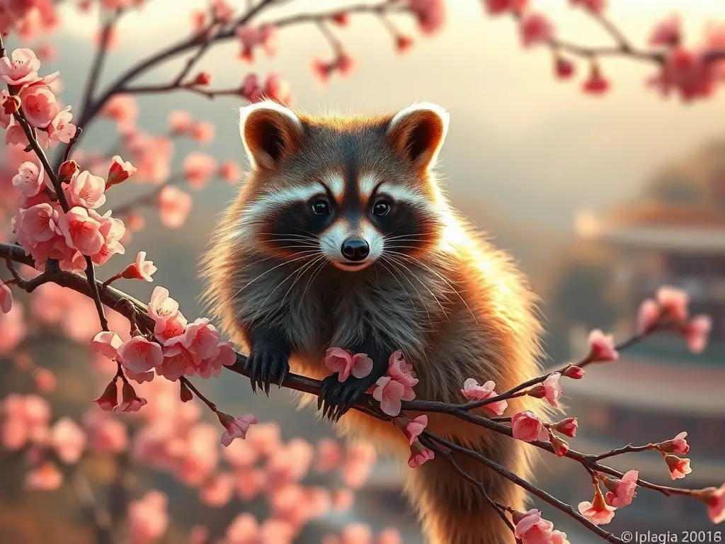 Fotografía realista de un raccoon japonés sobre un manzano con efecto de luz de otoño