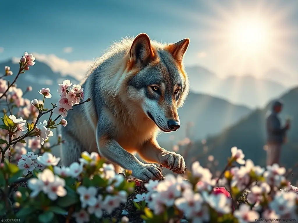 Fotografía realista de un lobo japonés cuidando un jardín de cerezos en Japón
