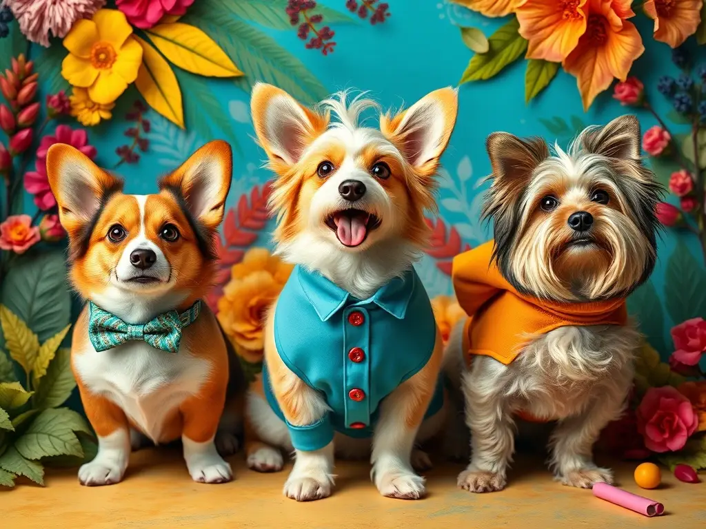 Foto realista de Welsh Corgis, Bergamasco y Bedlington Terrier en poses coloridas