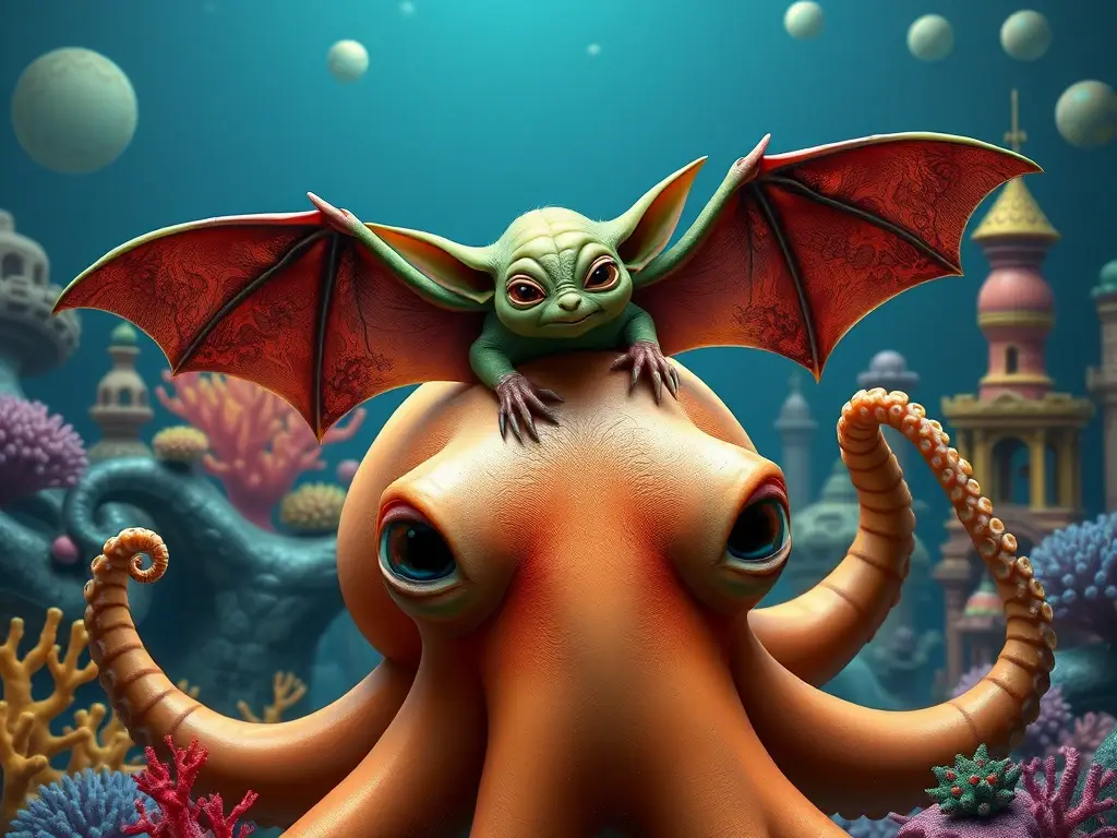 Retrato de un bat Yoda y pulpo Dumbo en un colorido mundo acuático