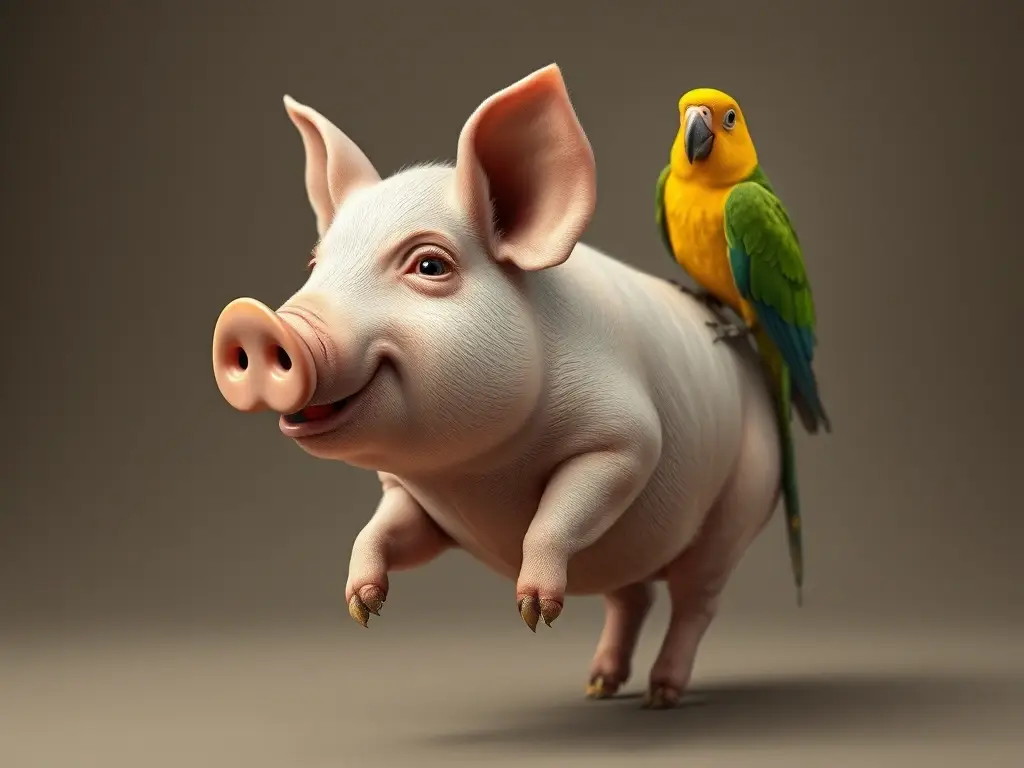 Imagen detallada y realista de un cerdo hormiguero con un loro
