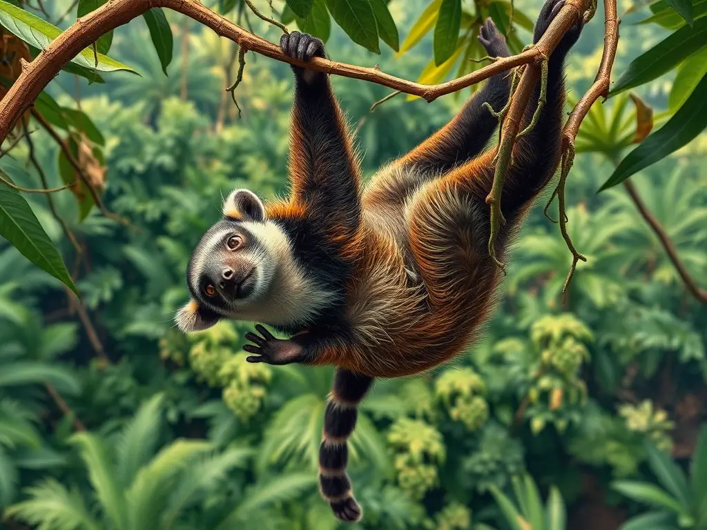 Un coatimundi juguetón en un atardecer tropical, fotorealista