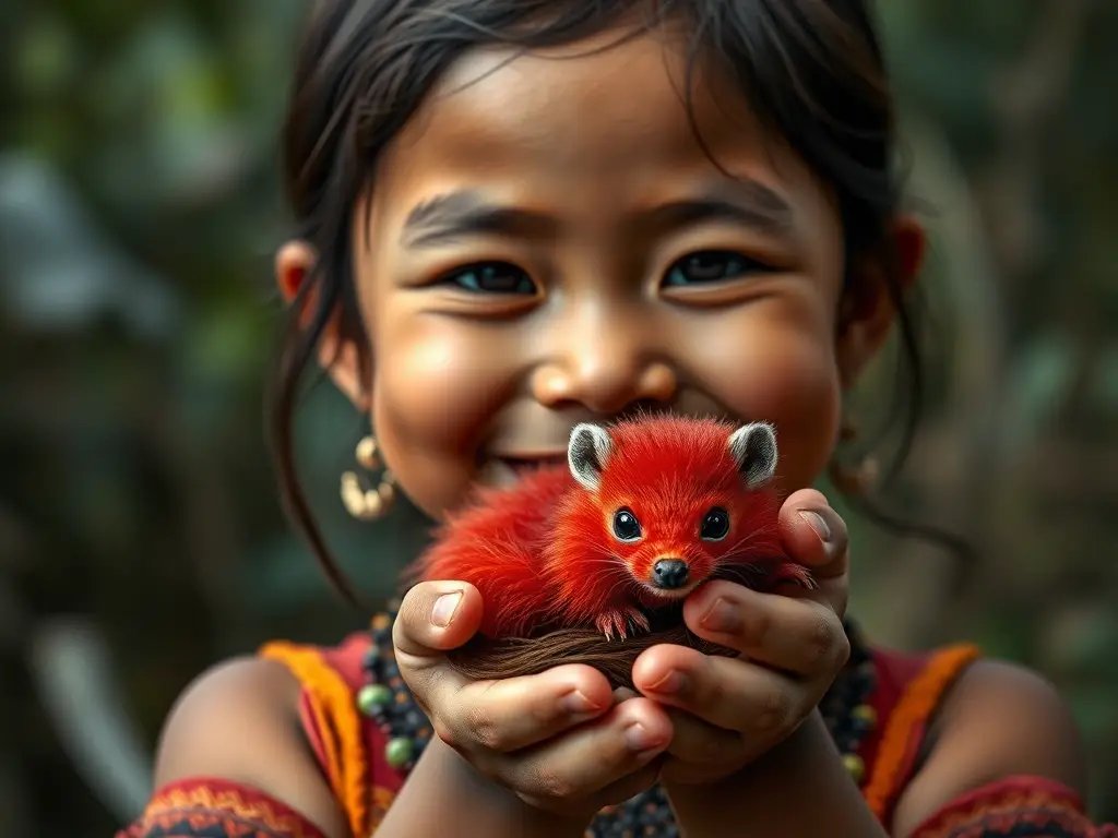 Un retrato realista de un niño indígena sonriente con un tlacuache