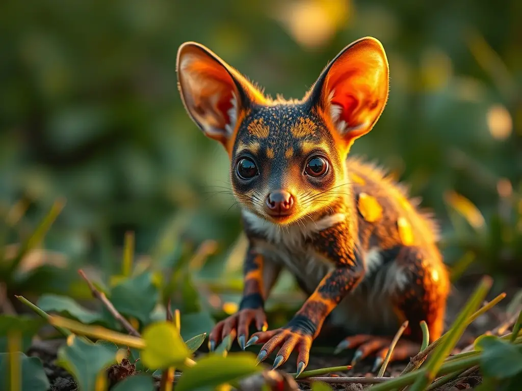 Imagen fotorealista de un tlacuache en un jardín con patrón de color vibrante