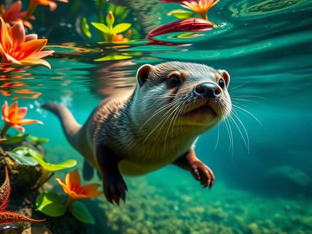 Fotorealista, obra de arte 8K de un Coatí nadar en un ambiente tropical