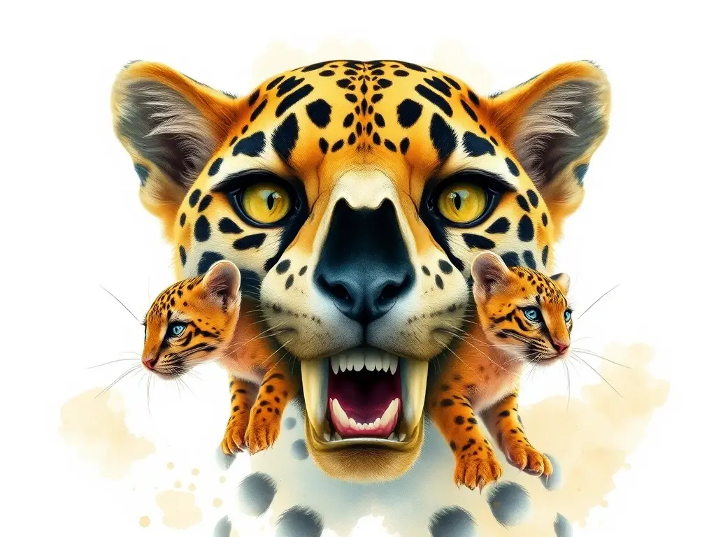Photorealistic collage showcasing collared leopards in watercolor style