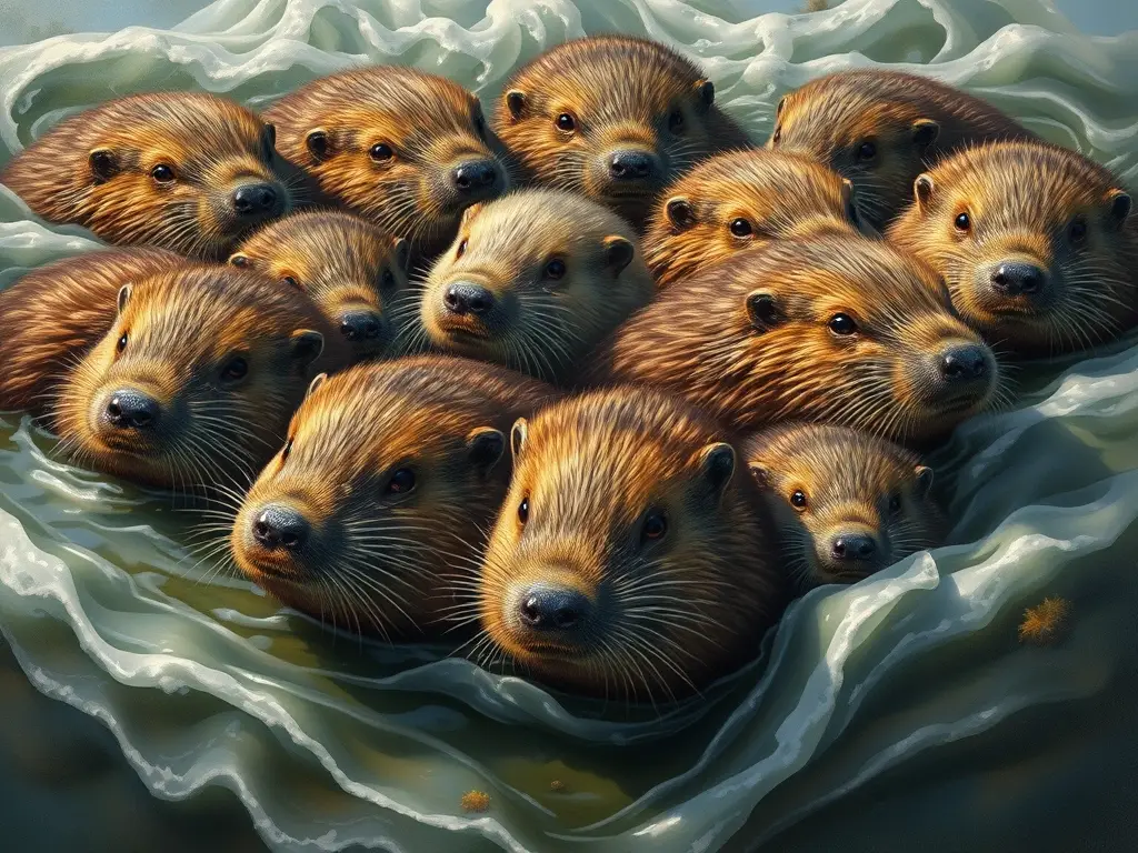 Foto realista de 10 especies de ratas de río en un remolino acuoso,