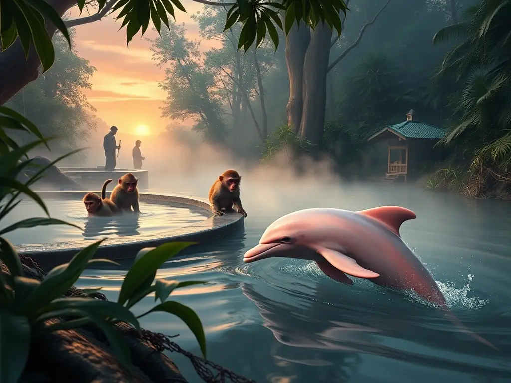 Onsen, delfín rosa, macacos y cazadores