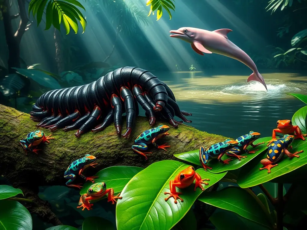 Escena fotorrealista de selva con criaturas exóticas