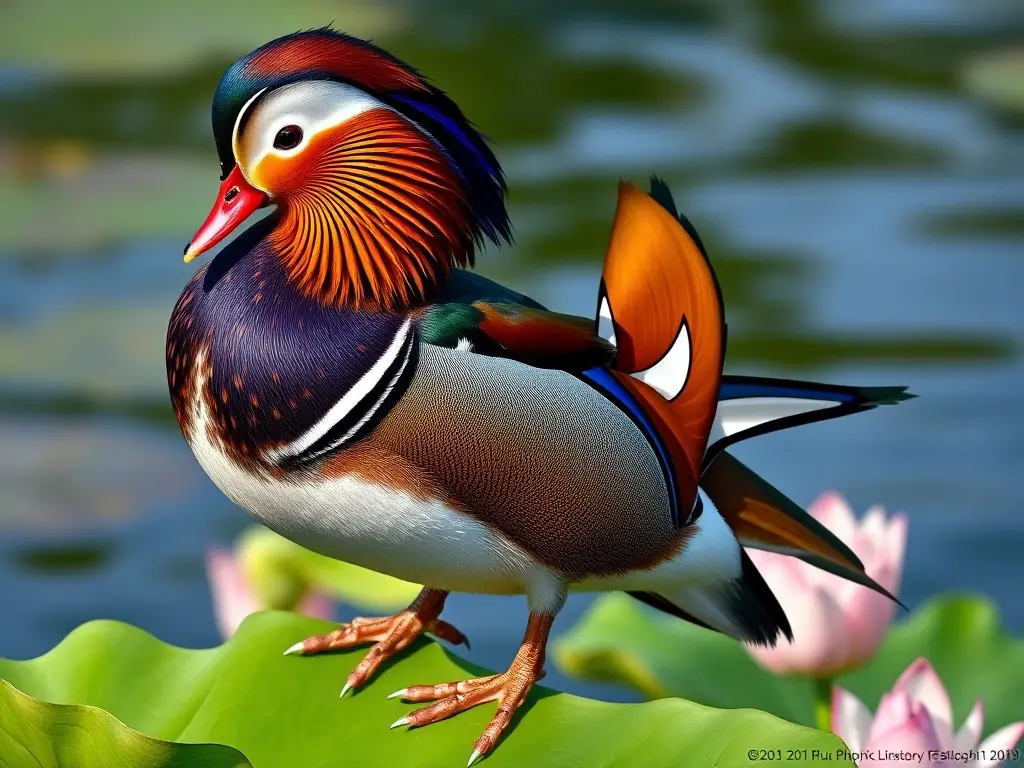 Fotografía realistica de un pato mandarin majestuoso en un jardín de loto