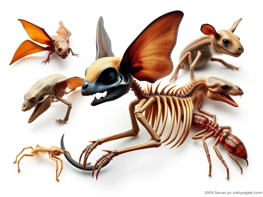 Un collage realista de nueve animales sin esqueleto en un fondo blanco
