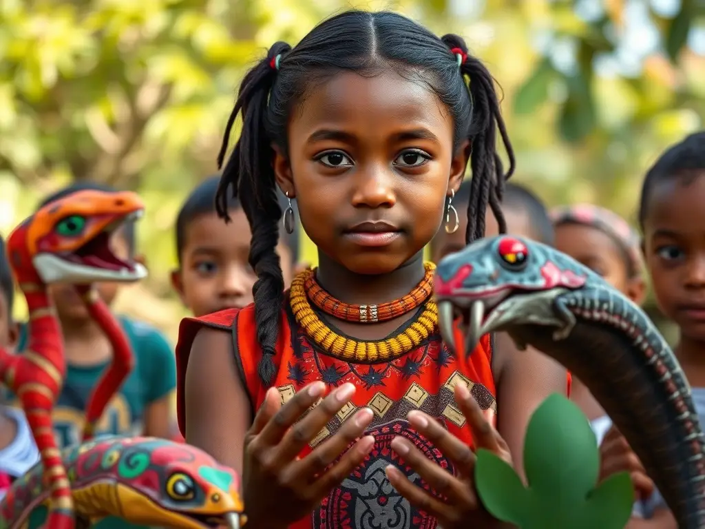 Imagen realista de una joven aborigen enseñando sobre venenos en Australia