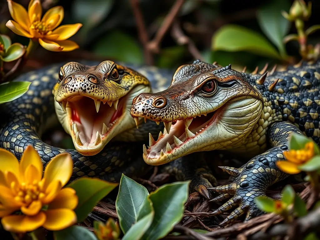 Imagen realista de serpiente y cocodrilo en Australia, con detalles acertados y advertencia