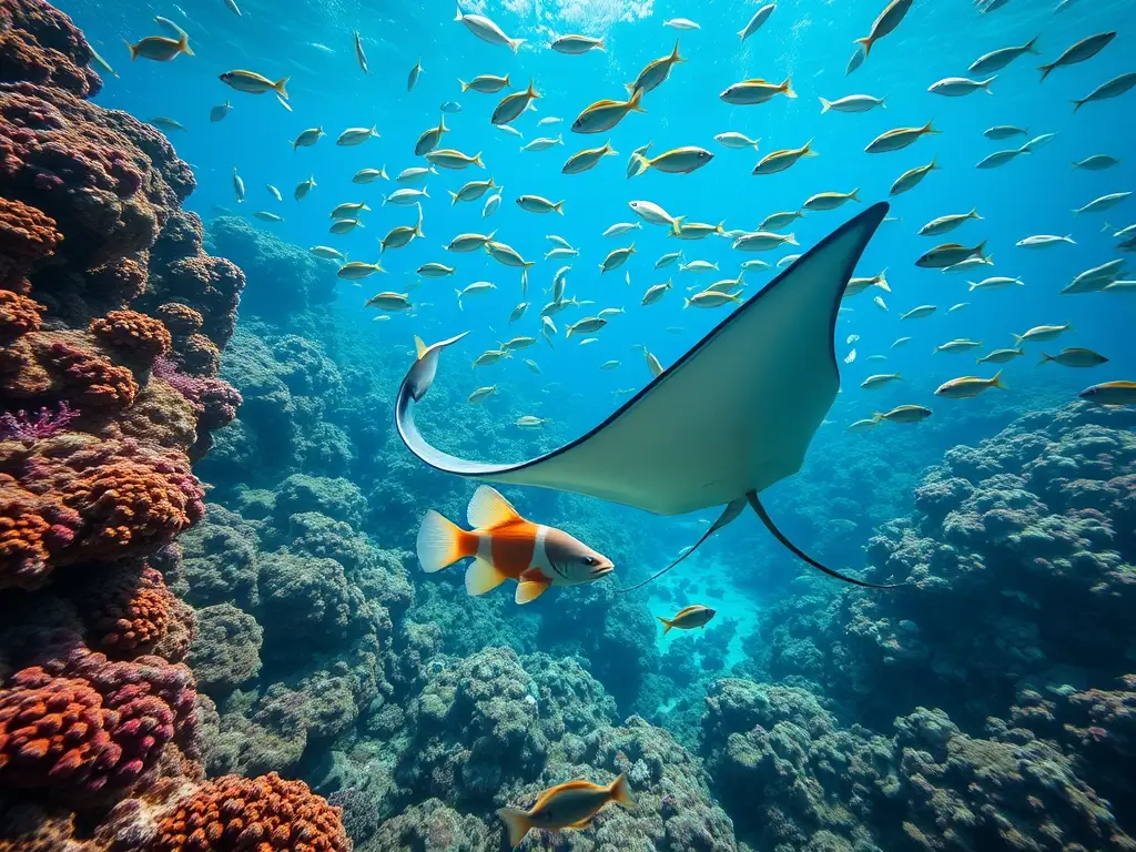 Corales vibrantes con peces del Pacífico y criaturas marinas