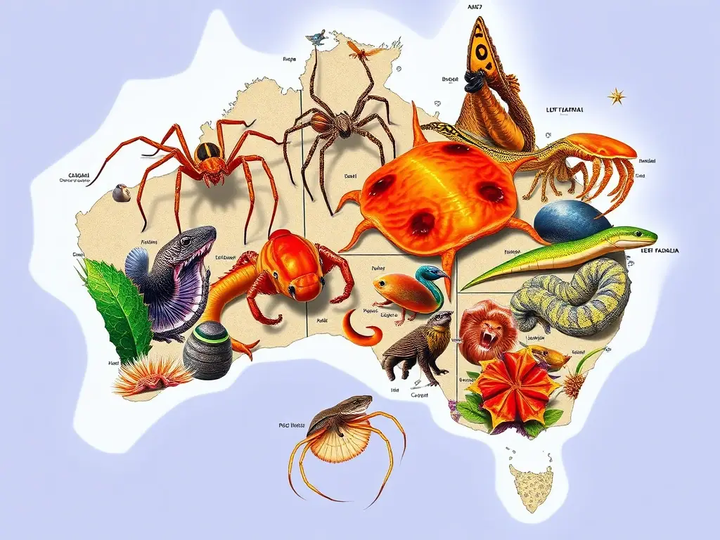 Illustration realista de animales venenosos australianos en una guía de conservación