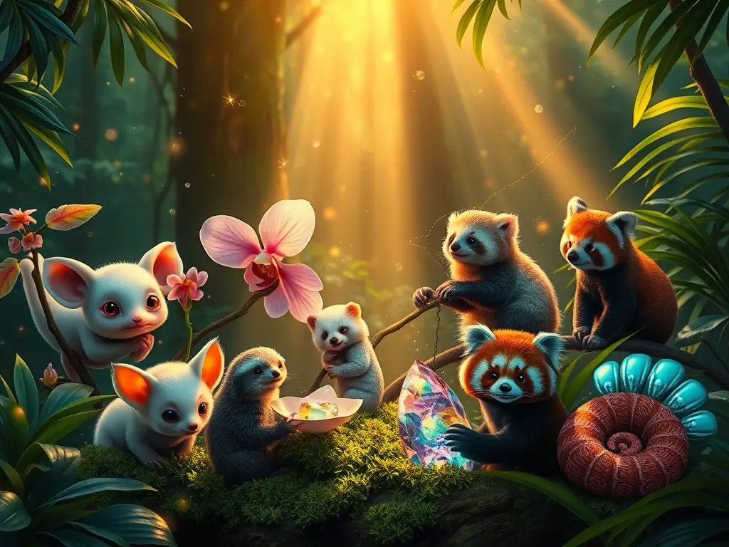 Adorables criaturas exóticas brillan en selva luminosa