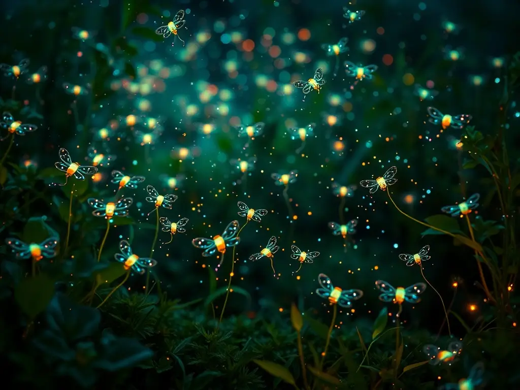 Luciérnagas bioluminescentes bailan en un paisaje exuberante